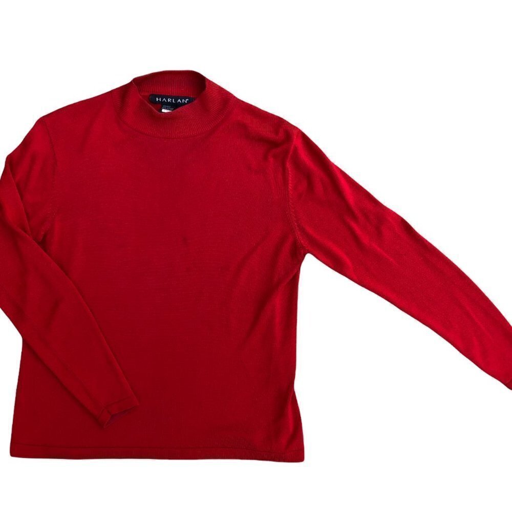 HARLAN Vintage 90s 100% Silk Pullover Sweater LARGE Red Long Sleeve Mock Neck‍‍